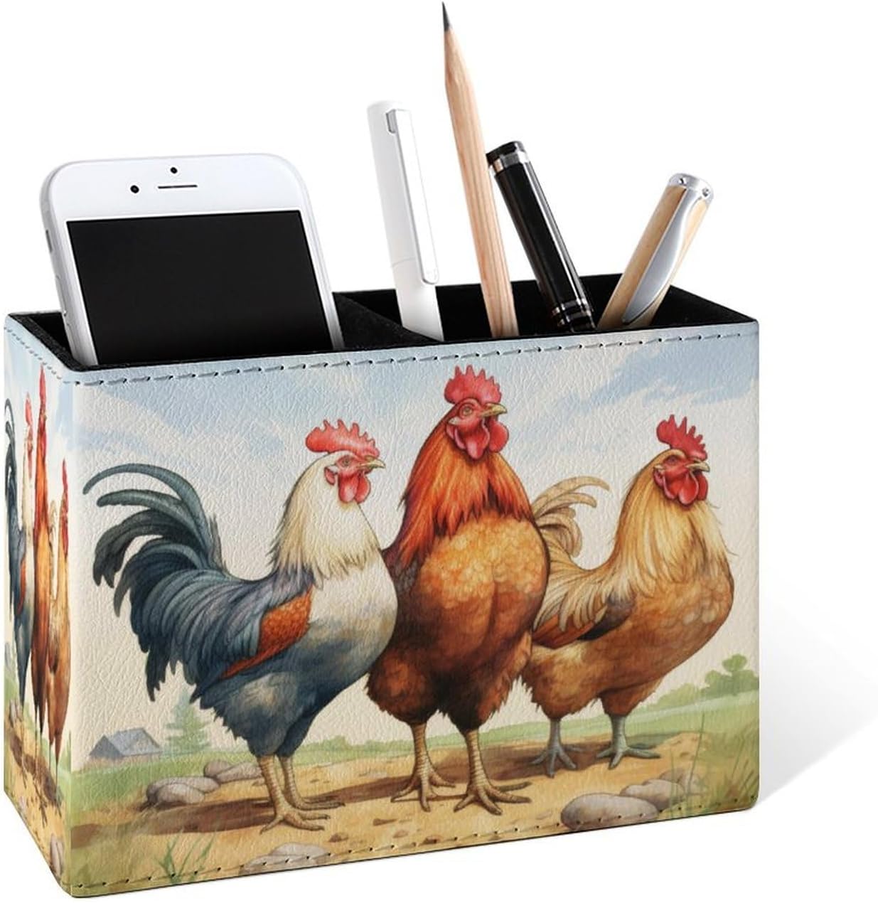 Famame Rooster – Soporte para lápices vintage de granja para escritorio, contenedor de escritorio de cuero, para guardar bolígrafos, mesa de