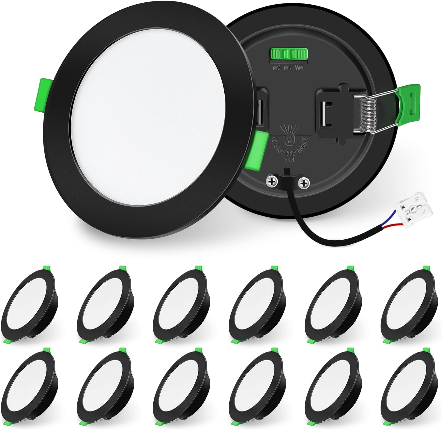 ALUSSO LIGHTING Black LED Downlights Dimmable Recessed Ceiling Lights 10W 1050lm High Brightness, 3000K Warm 4000K Neutral 6500K Cool White Bathroom Spotlights Ceiling Ultra Slim IP44 Kitchen, 12 Pack