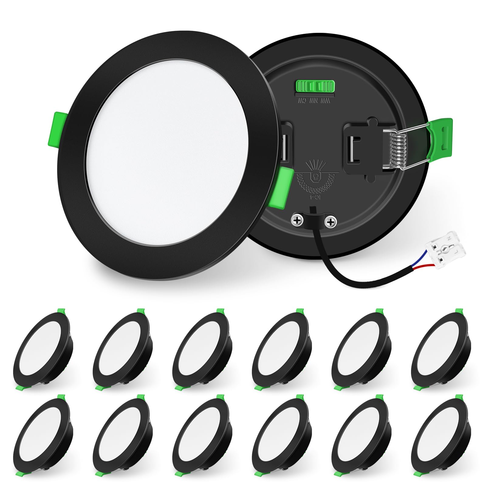 ALUSSO LIGHTING Black LED Downlights Dimmable Recessed Ceiling Lights 10W 1050lm High Brightness, 3000K Warm 4000K Neutral 6500K Cool White Bathroom Spotlights Ceiling Ultra Slim IP44 Kitchen, 12 Pack [Energy Class D]