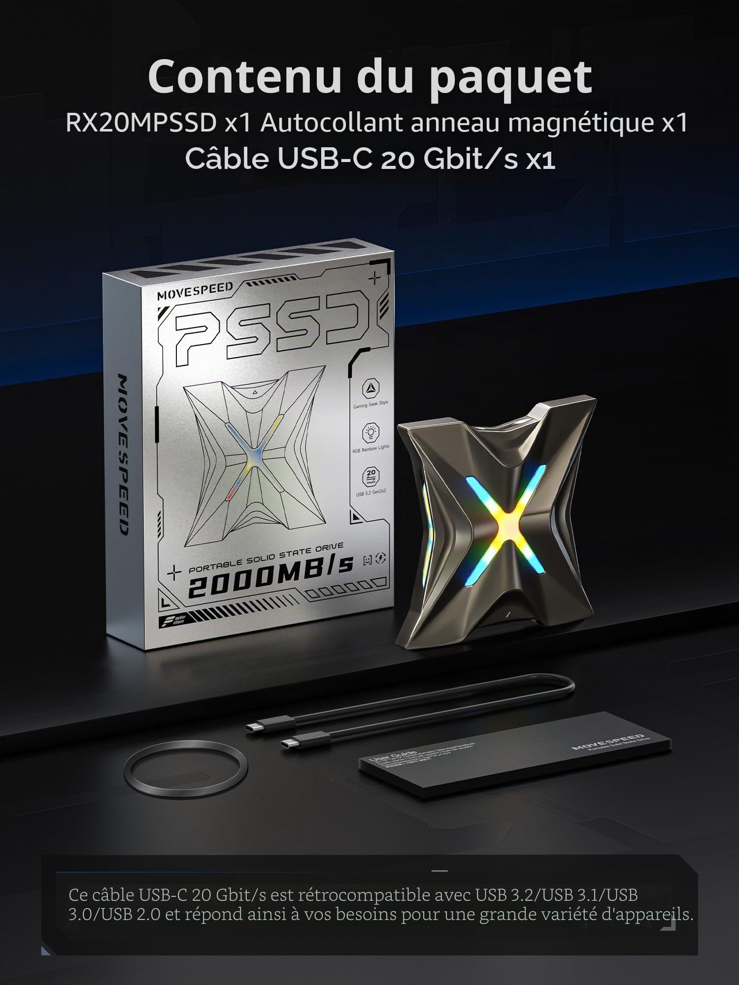 MOVE SPEED RX20 SSD Externe 2 To USB 3.2 Gen 2x2 Type-C 2000 Mo/s Portable pour PS5 iPhone 15 PC