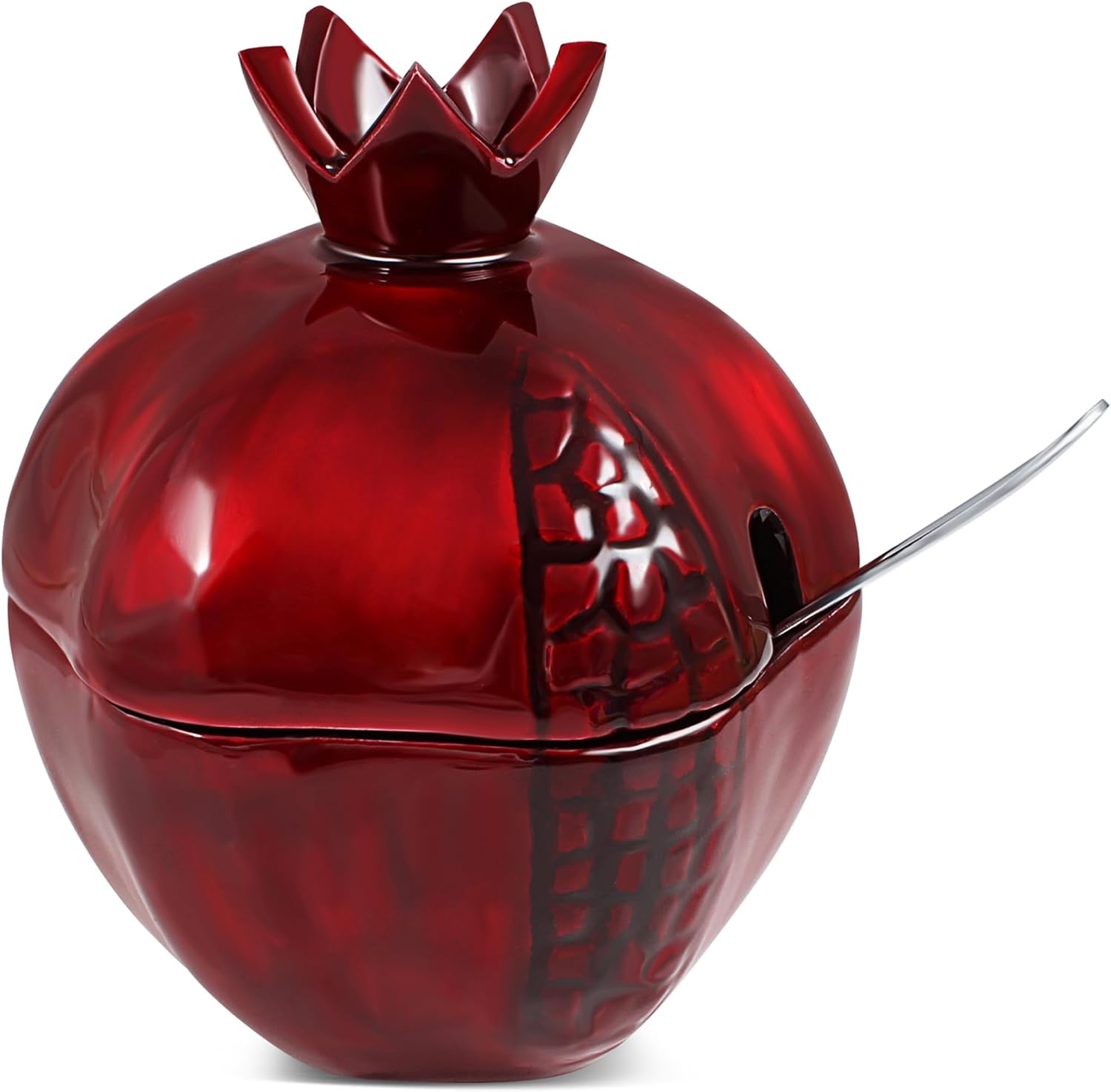Zion Judaica Red Pomegranate Honey Pot Jar with Spoon for Rosh Hashanah Jewish New Year Celebration
