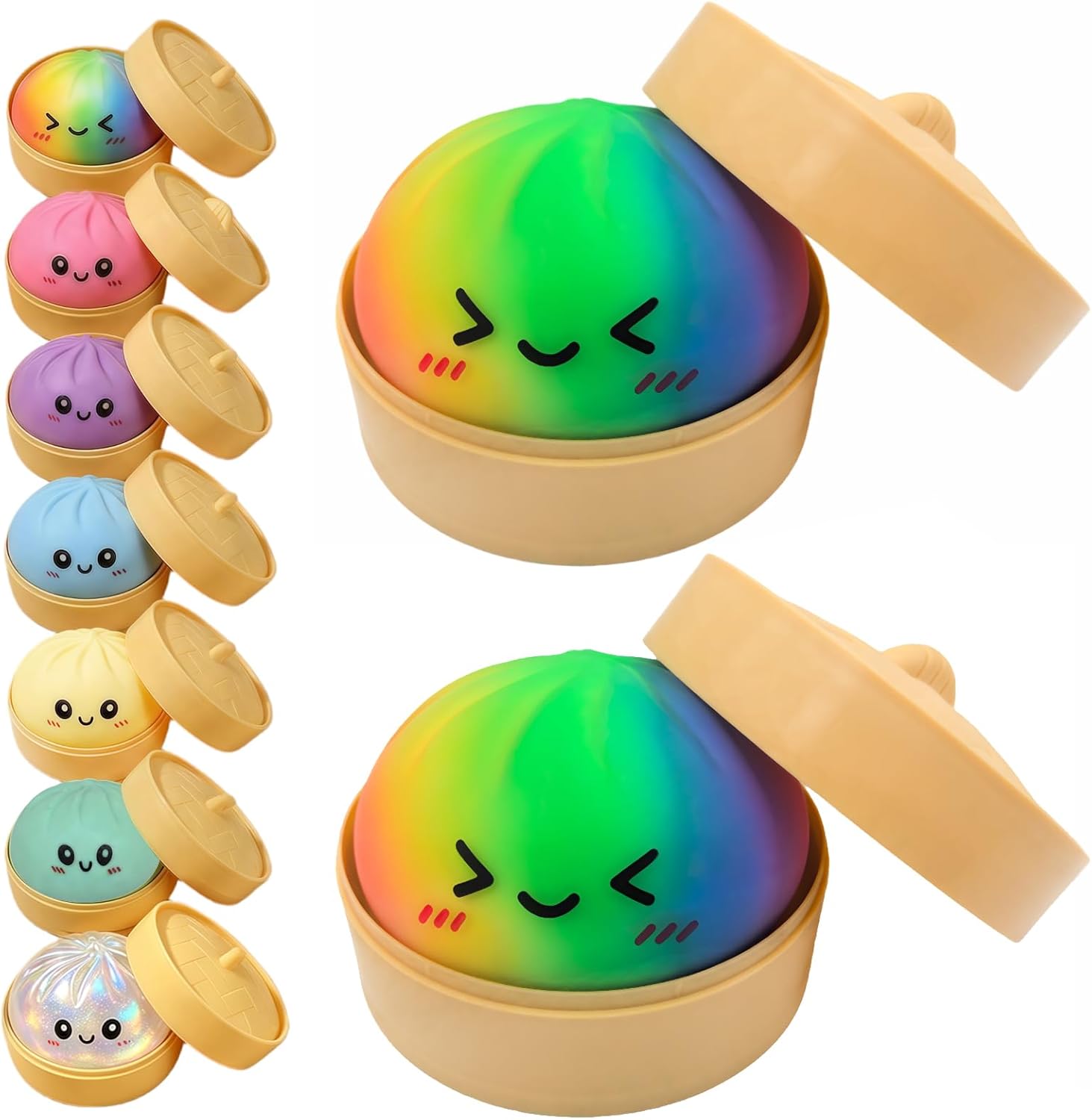 2PCS Dumpling Squishies Stress Balls,Colorful Squeeze Dough Ball Fidget Sensory Toys,Stretchy Hand Desk Toy with Food Steamer for Stress Relief Gift,Green&Blue