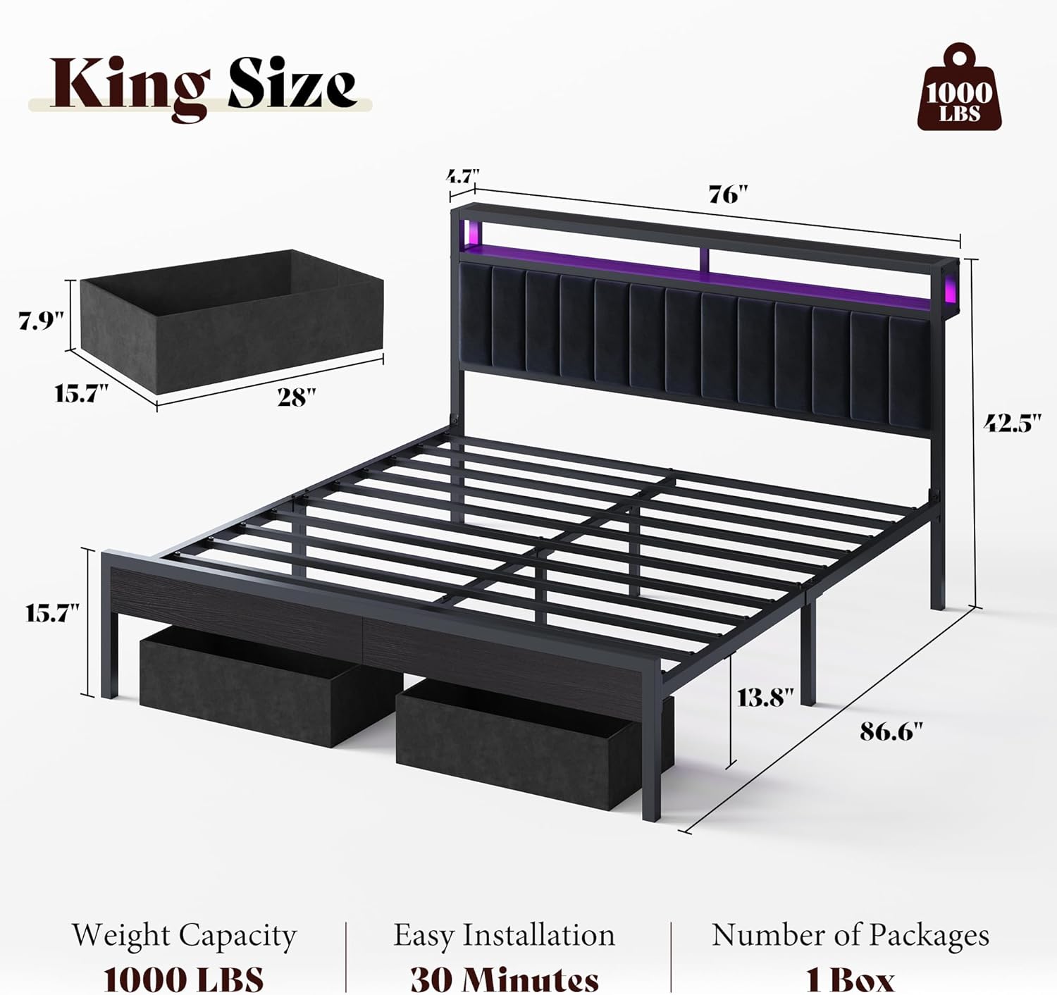 AMERLIFE King Bed Frame with LED Light and 2 Storage Drawers, Metal Platform Bed with Storage Headboard, Velvet Upholstered, Heavy-Duty Slats, No Box Spring Needed, Easy Assembly, Black