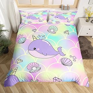 Mermaid Whale Duvet Cover Twin, Kids Purple Unicorn Whale Comforter Cover, Girls Rainbow Fish Scale Quilt Cover, Cute Marine Life Bedding Set, Seashell Diomand Pattern Bedspread Cover with Zipper