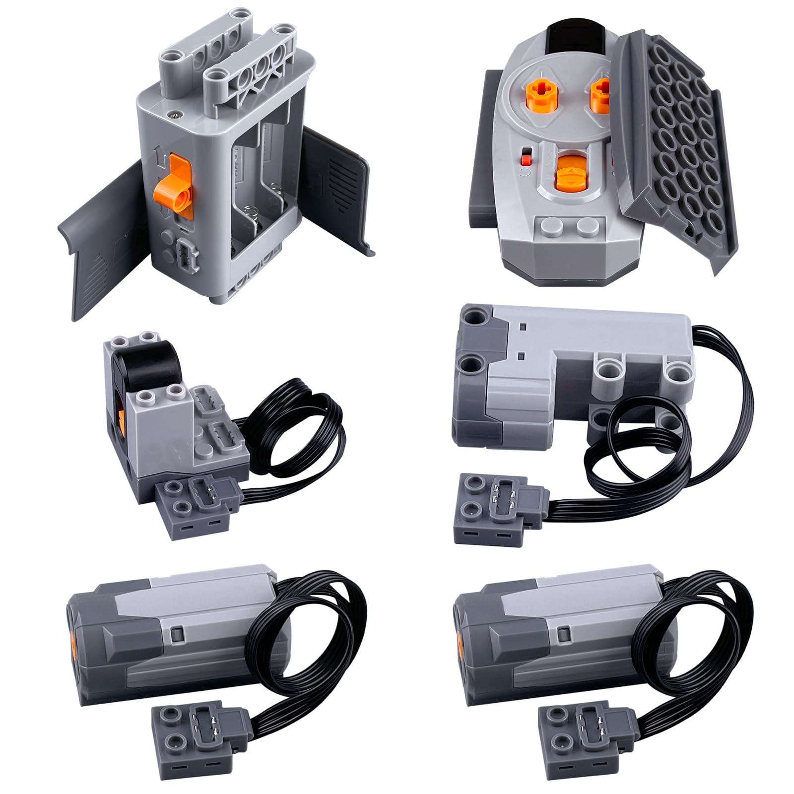 6-in-1 Power Functions Motors Kit, Compatible with L Brand Technic Parts, Contains 2×M Motors servo Motor AA Battery Case 2.4GHz Remote Control Receiver Modifying Building Cars and Robots