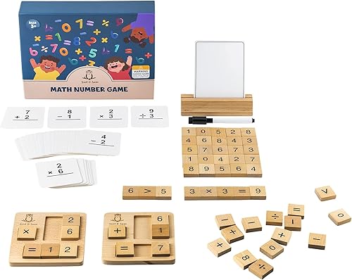 Juguetes educativos de matemáticas SSol & Sam  Juguetes de conteo STEM con tarjetas flash matemáticas, bloques de números de madera y tablas