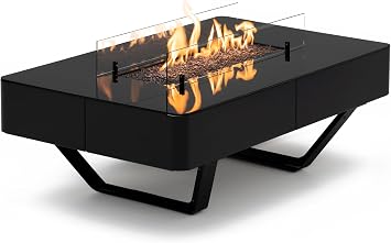 Planika Rio Table - Outdoor Fireplace, Propane-Fueled Fire Pit Table, Black Glass Top - Cover Included Optional - Gas Tank Cover