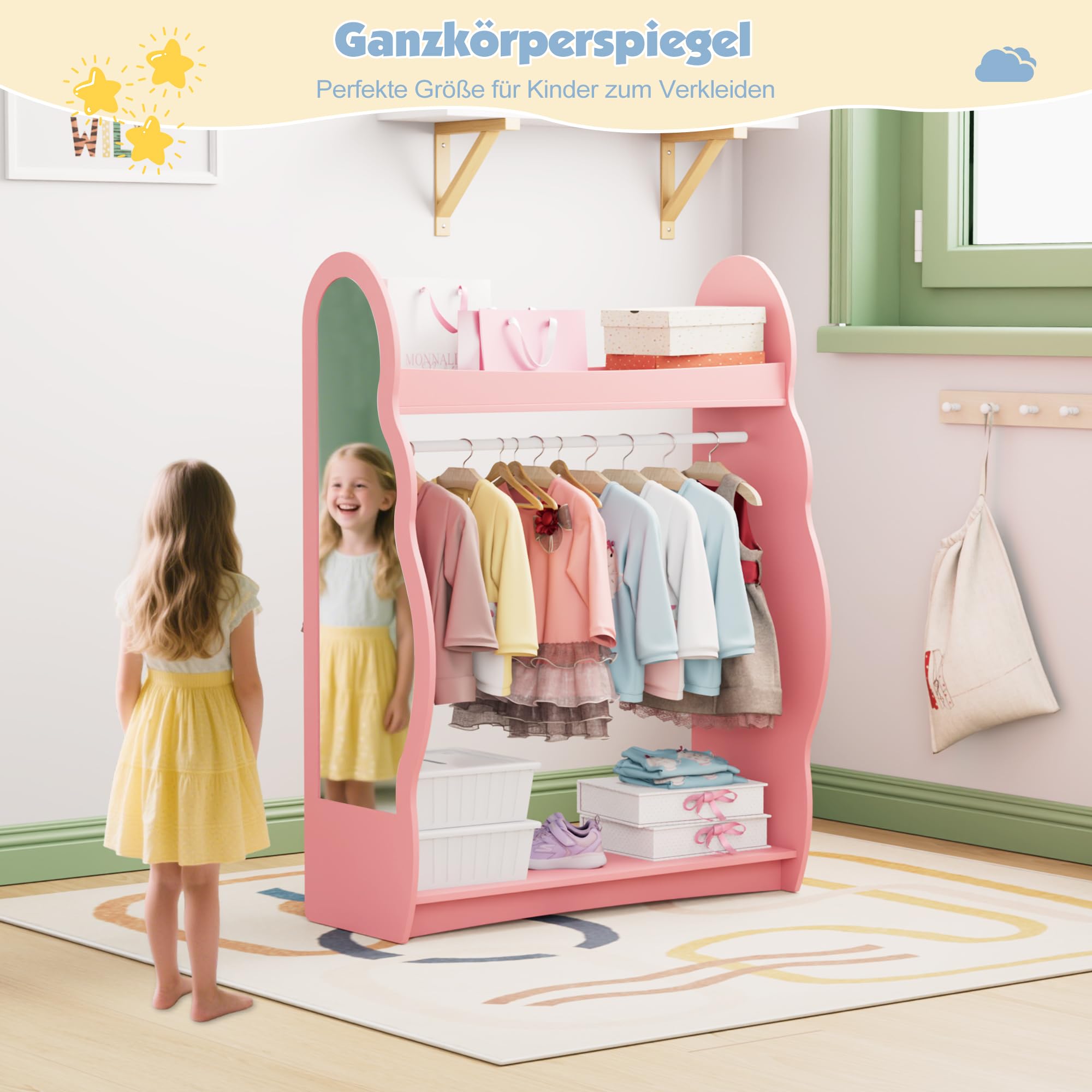 NACHES Kleiderständer Kinder Garderobenständer mit Ablagen, Spiegel und Haken Kleiderstange Garderobe aus Holz 81 x 28 x 106,5 cm (Wolken, Rosa)