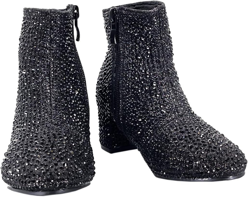 ABSOLEX Girle's Rhinestone Round Toe Block Chunky Low Heel Ankle Booties
