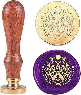 Hobbspring 1pc Moth Moon Sealing Wax Stamps Vintage Wax Seal Stamp 25mm Removable Brass Stamp Head with Wooden Handle for Wedding Invitations Halloween Christmas Thanksgiving Gift Packing