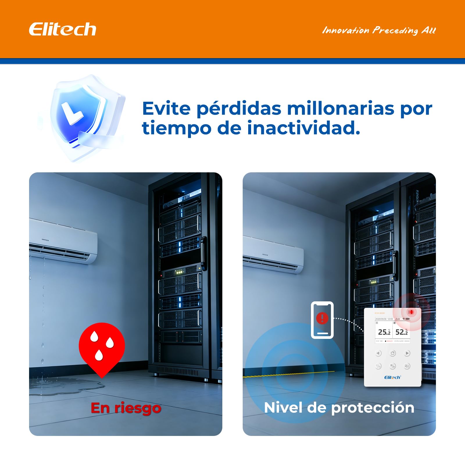 Elitech Registrador de datos WiFi en tiempo real de 2,4 G/5 G Hz para temperatura y humedad con detector de fugas de agua, almacenamiento de datos en la nube, alarmas SMS/correo electrónico/aplicación