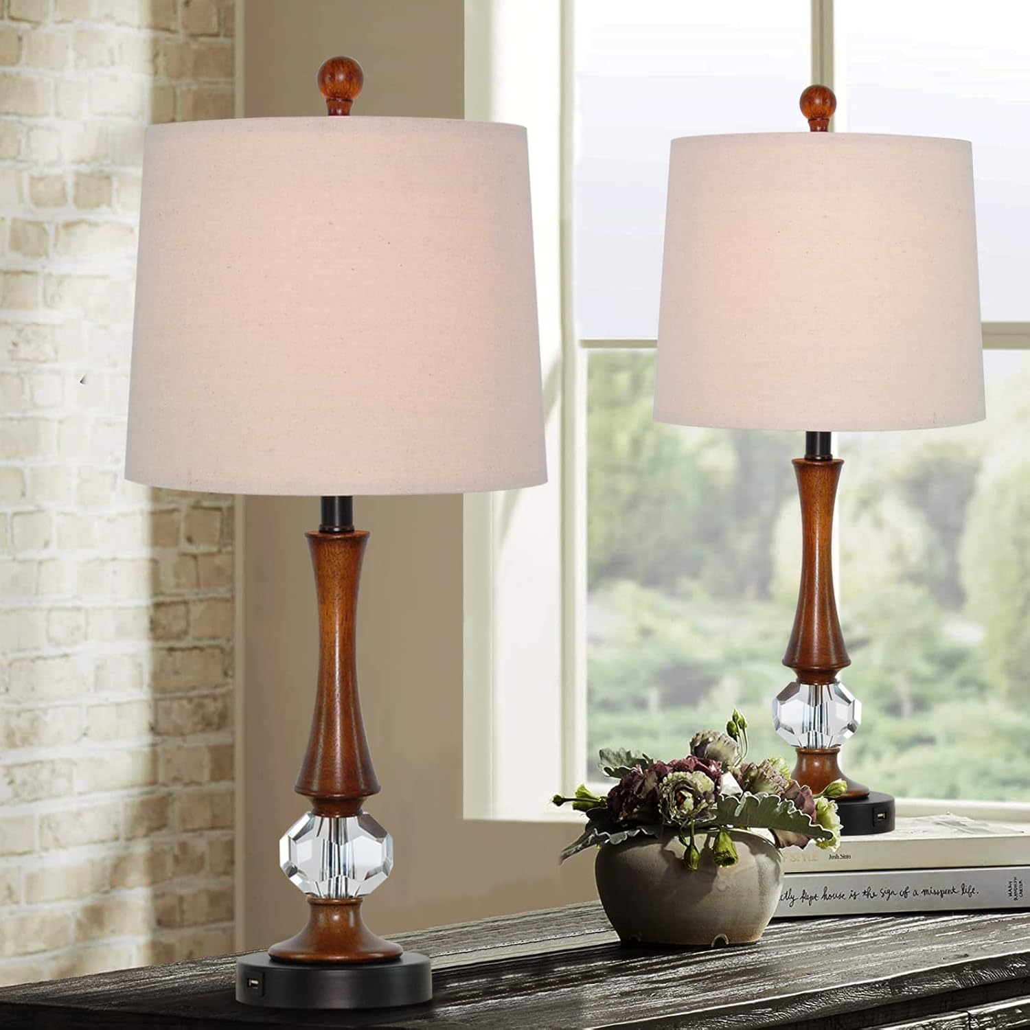 Touch Control Wooden Crystal Retro Bedside Table Lamps Set of 2 for