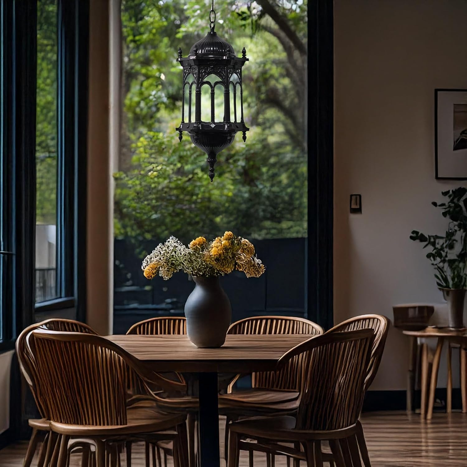 Outdoor European Pendant Light, Waterproof Anti-Rust Hanging Lantern, Vintage Chandelier with Ornate Aluminum & Glass, Adjustable Chain for Patio, Porch, Balcony, Garden, Entryway(Brass,Medium)