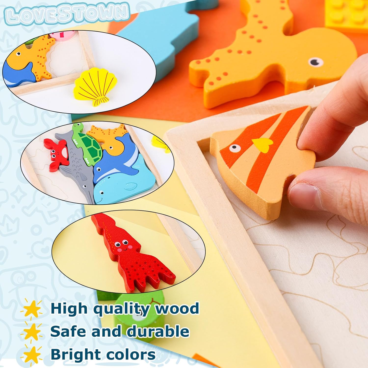 LovesTown Wooden Sea Animal Stacking Puzzles, Chunky Montessori Jigsaw Toys for Kids, Educational Preschool Learning Toys, Toddler Birthday Gifts, 12 PCS