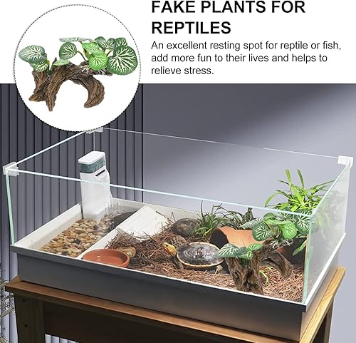 Vista 16 de Rama de esquina de reptil, rama de árbol trepadora de resina con hojas, plantas de terrario, ramas, peces, tortuga, tanque de decoración