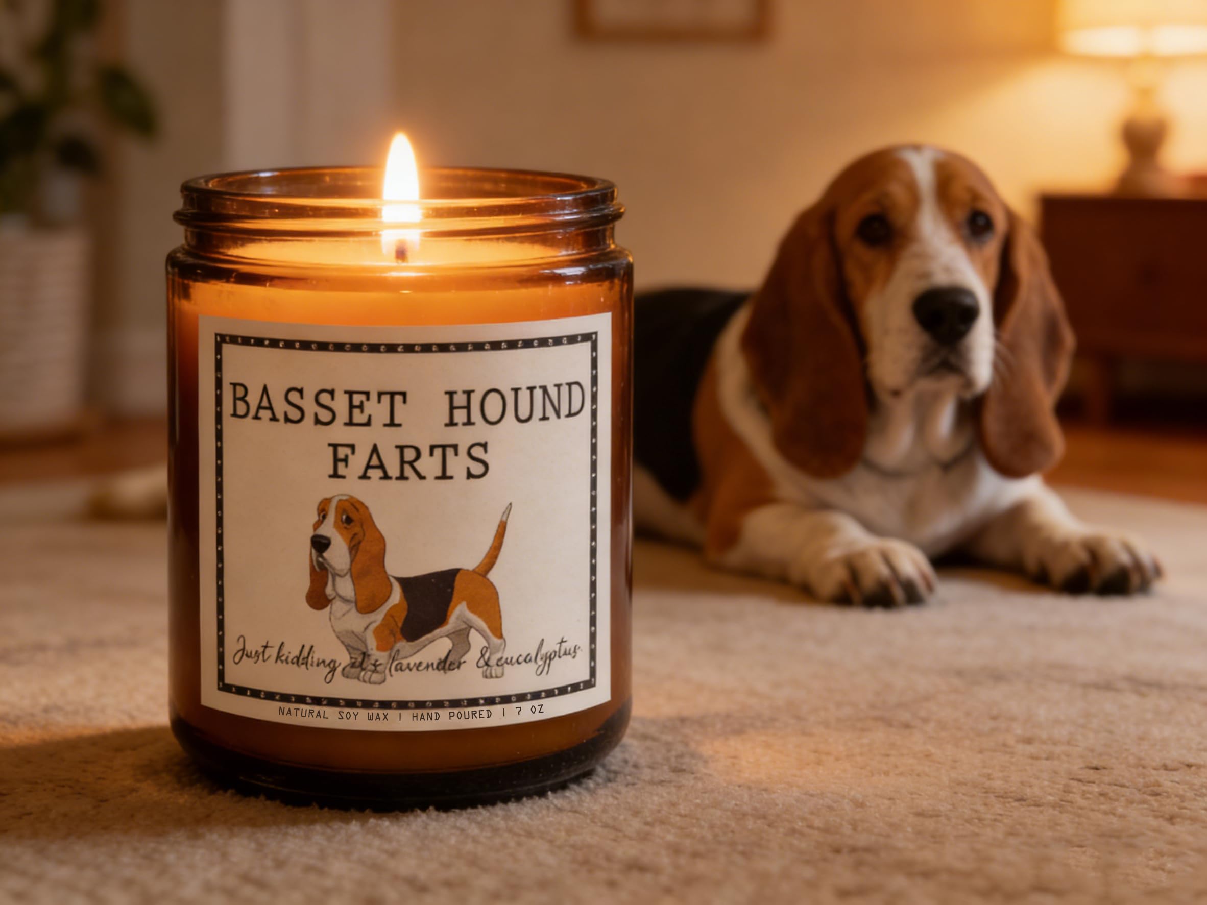 Smells Like Basset Hound Farts Candle - Basset Hound Gifts & Decor, Dog Mom Gifts for Women - Lavender & Eucalyptus Soy Wax Scented Candle, 50Hr Burn
