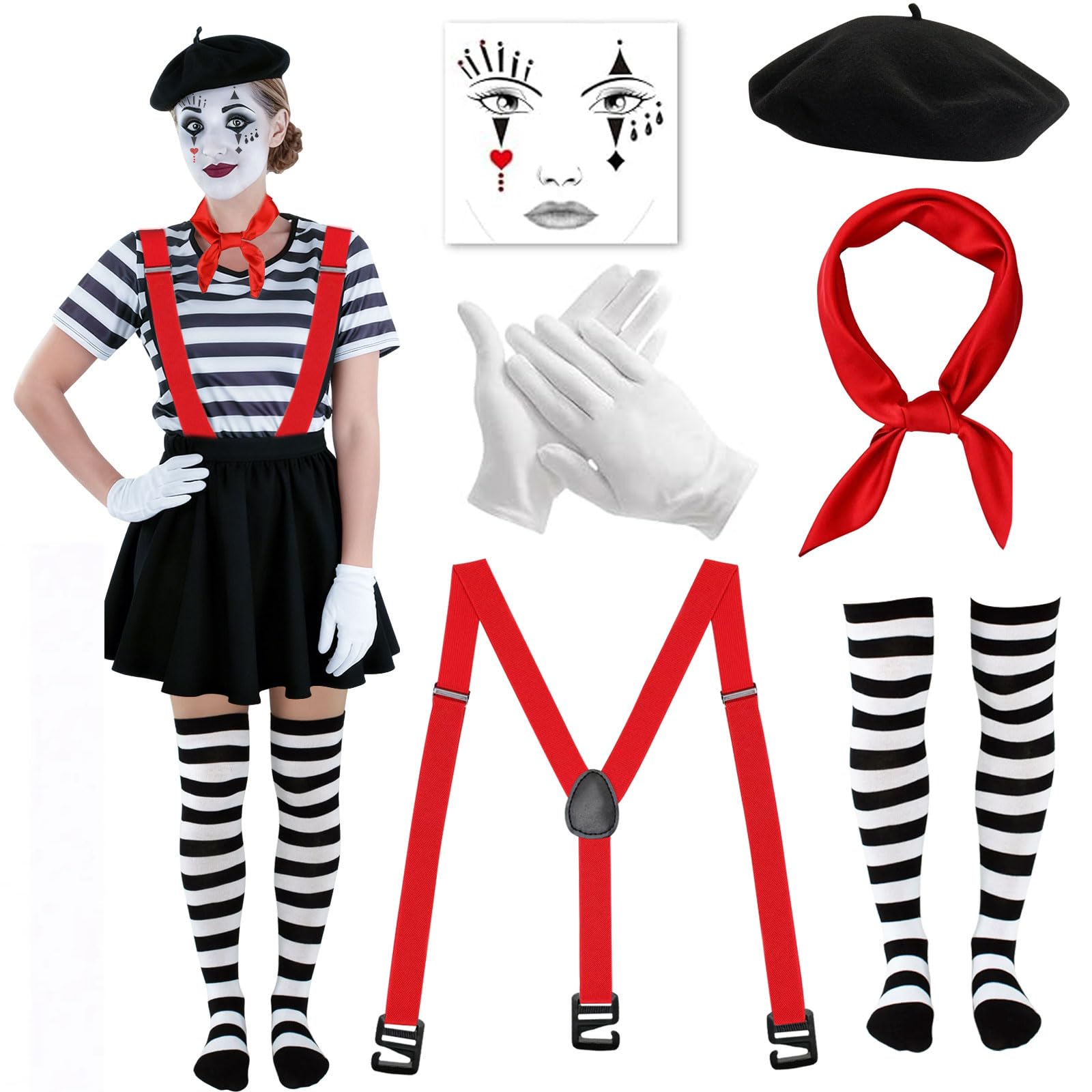 Disfraz Mimo Mujer Carnaval, 6 Piezas Disfraz Pantomime para Mujer y Hombre con Boina, Bufanda Roja, Guantes Blancos, Tatuaje Facial y Tirantes, Disfraz de Payaso para Fiesta de Halloween Carnaval