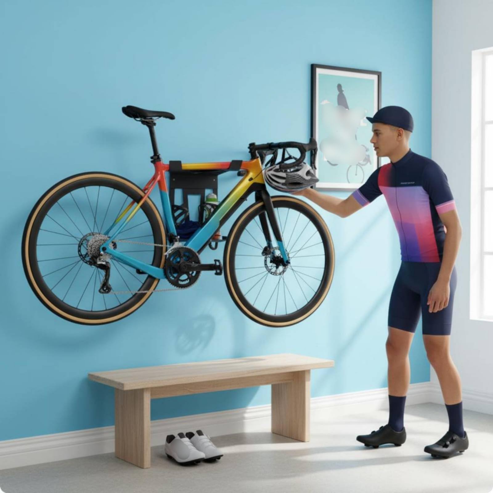 Fahrrad Wandhalterung Fahrradhalter Fahrradaufhängung Fahrrad Wandhaken aus Kohlenstoffstahl mit Regal für Und Handschuhe zur Platzsparenden Lagerung, Standardausführung – Klein