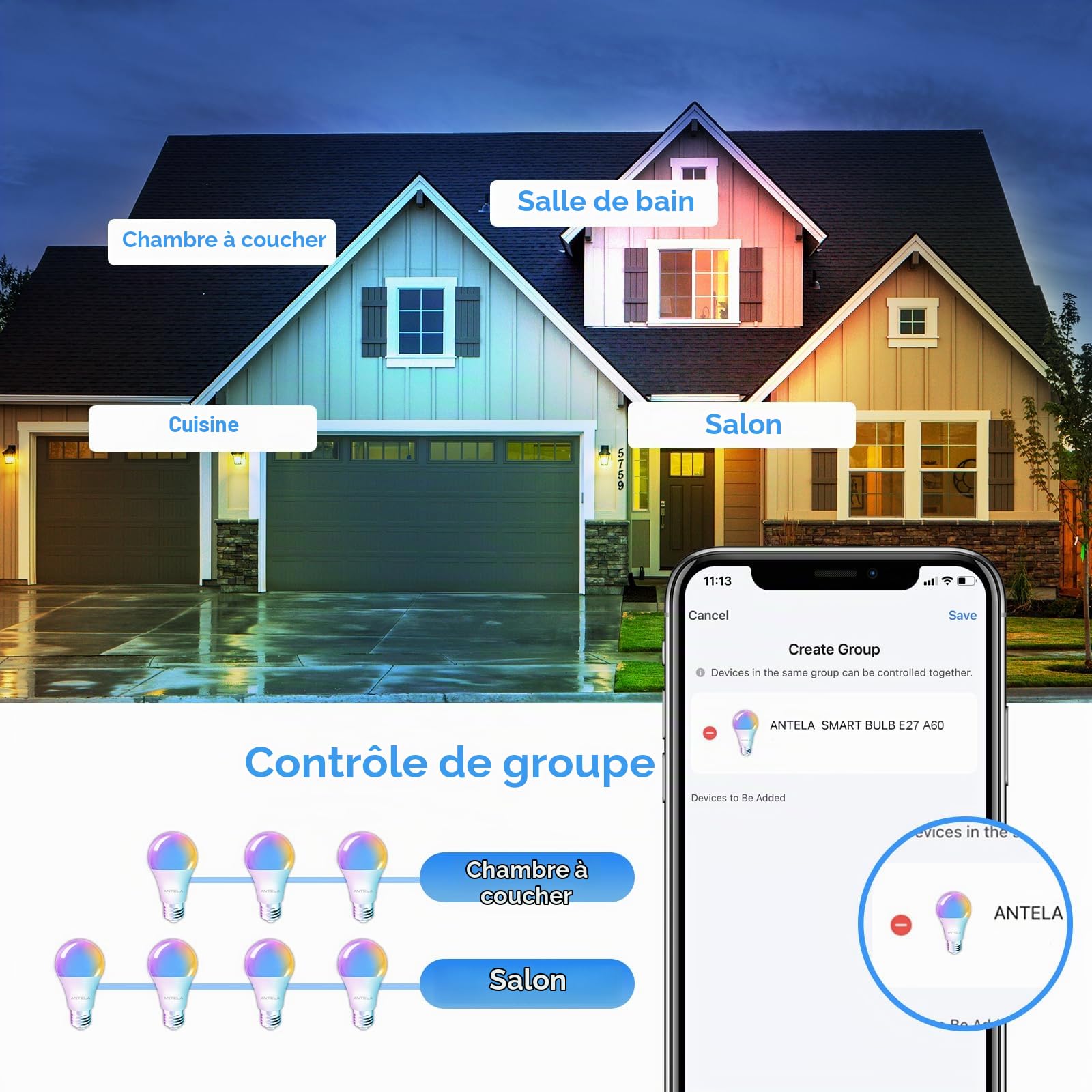 ANTELA Ampoule Connectée E27 WiFi 9W 1000LM Ampoule LED Intelligente RGB+CCT 2700K-6500K, Compatible avec Alexa Google Home, Smart Life APP, Commande Vocale, 4PCs