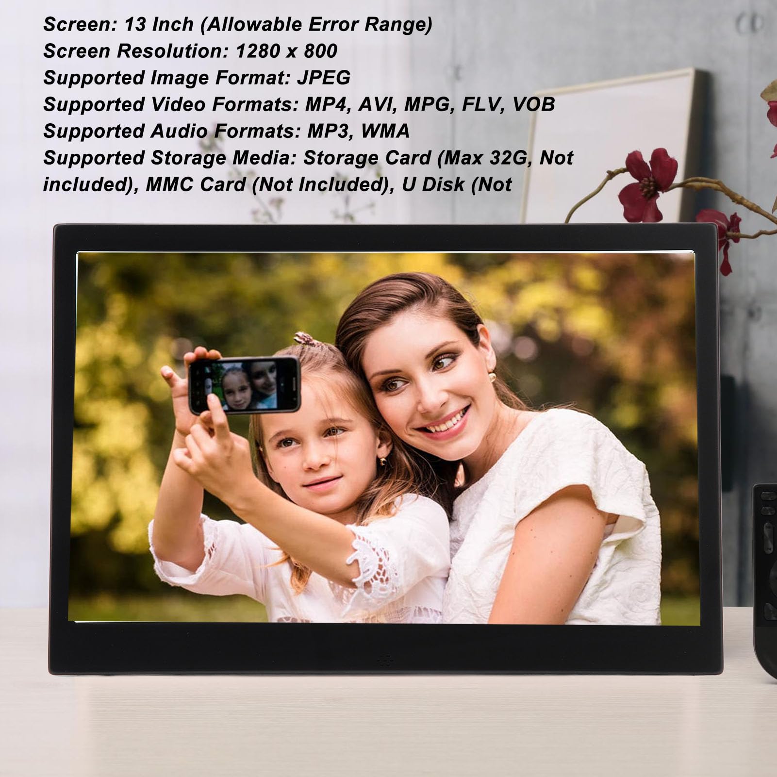 Digitaler Bilderrahmen mit 13 Zoll HD Bildschirm, 1280 x 800, Elektronischer Bilderrahmen Aluminiumlegierung Ultradünnes Design, Vielseitige Konnektivität für Geburtstag Hochzeit