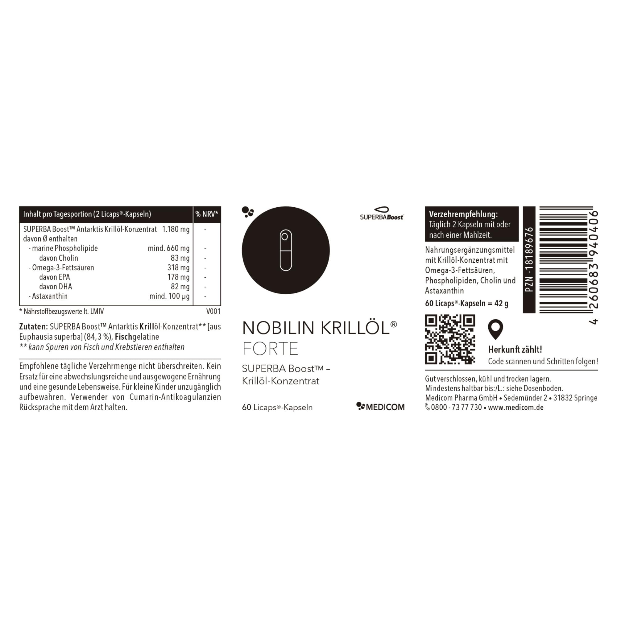 Medicom – Nobilin Krillöl Forte, nachhaltig gewonnenes Krillöl mit Omega-3-Fettsäuren mit EPA und DHA, Cholin und Astaxanthin, glutenfrei – 60 Kapseln