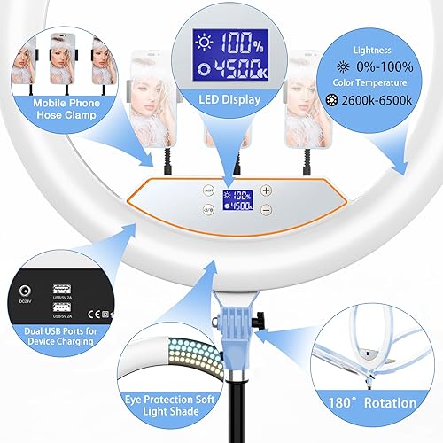 Miniatura 31 de Anillo de luz de 22 pulgadas con soporte, trípode de luz de anillo para iPhone iPad, con trípode de 75 pulgadas, pantalla LCD, 4 clips para iPad, 2