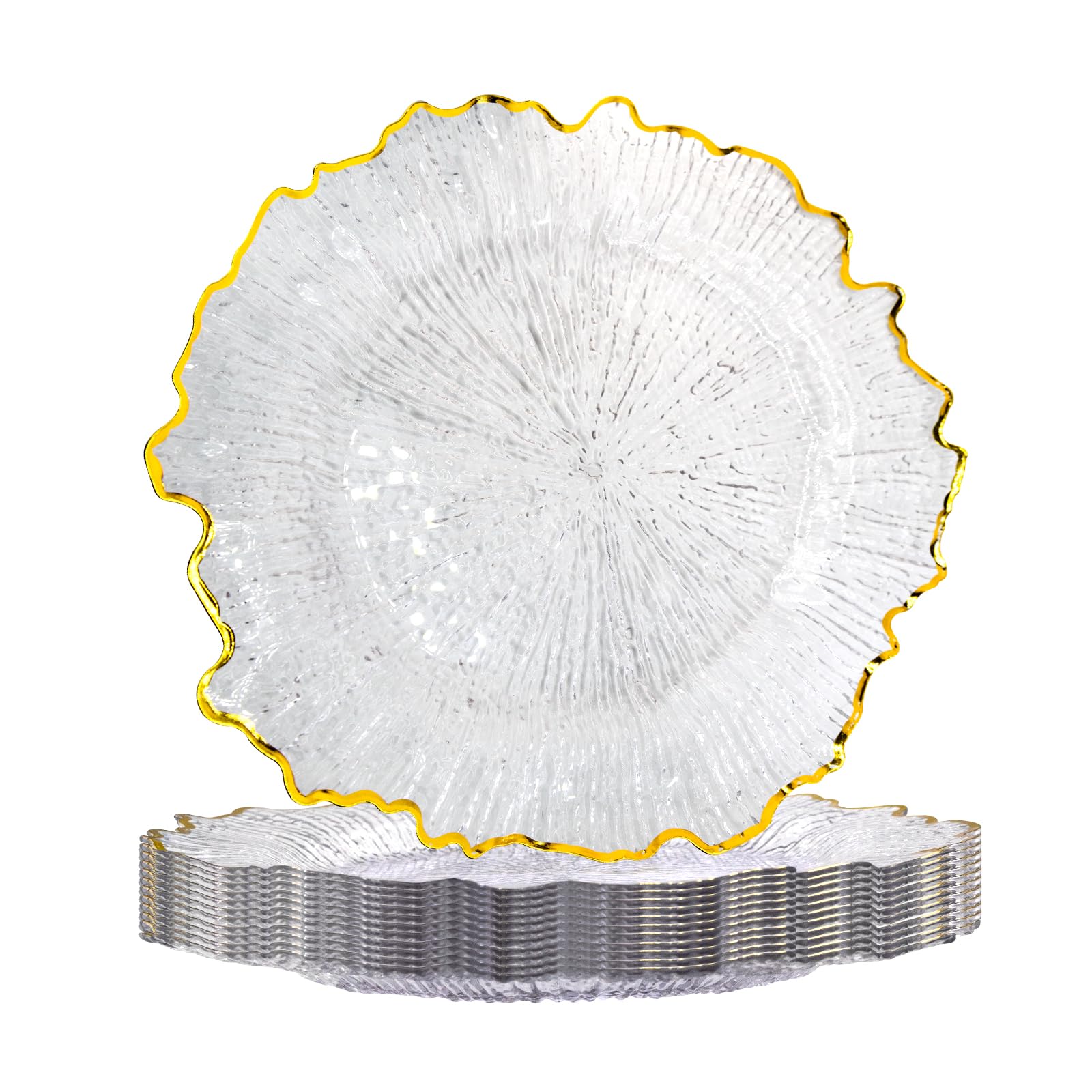 MAONAME 13" Clear Charger Plates, Round Reef Chargers for Dinner Plates, Plastic Plate Chargers for Table Setting, Wedding Decor, Set of 12