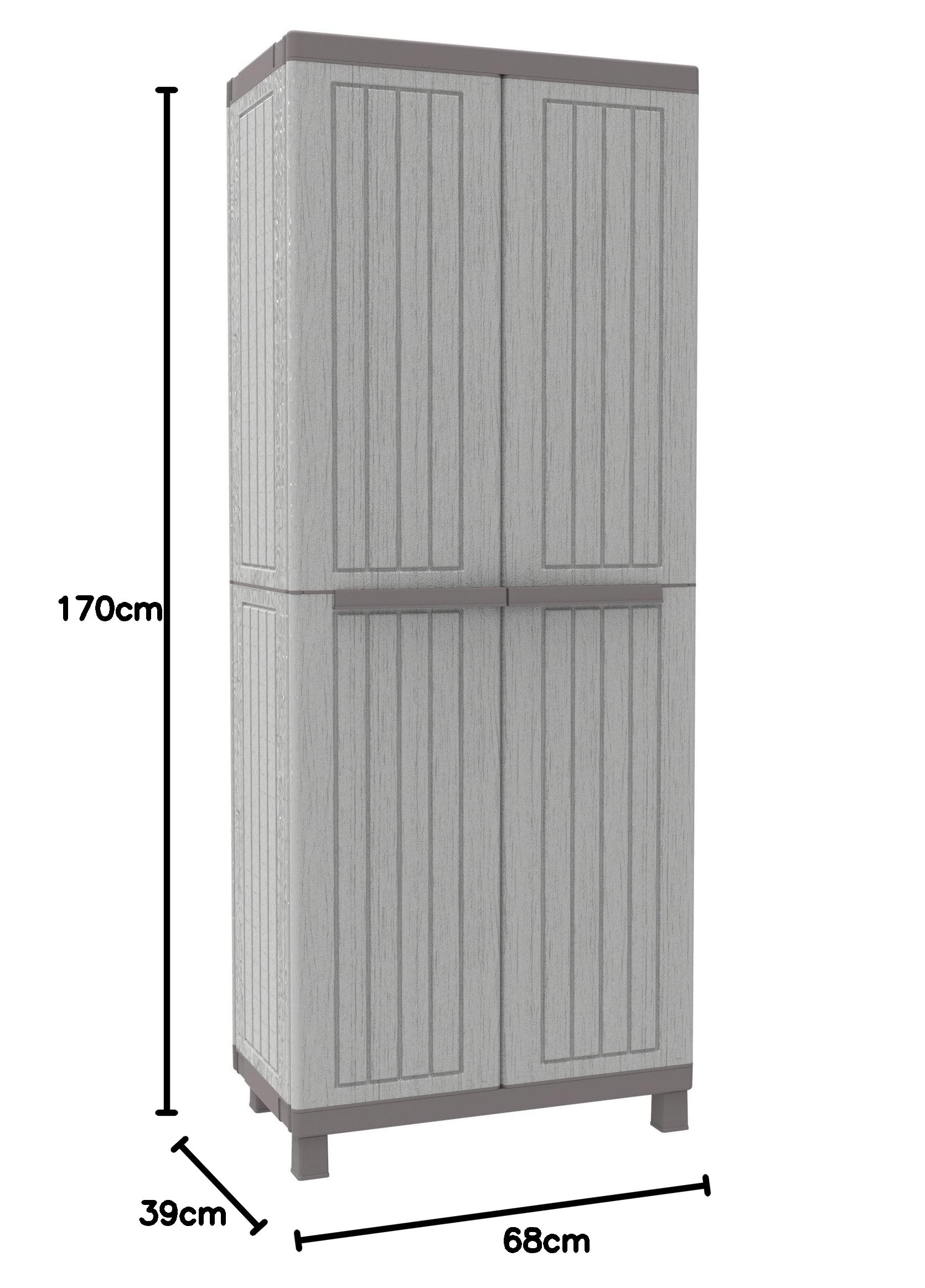 Terry, C-Wood 3680, Besenschrank mit zwei Türen in Holz-Optik, vertikaler Trennwand und 3 Einlegeböden, für innen und außen - 68x39x170 cm