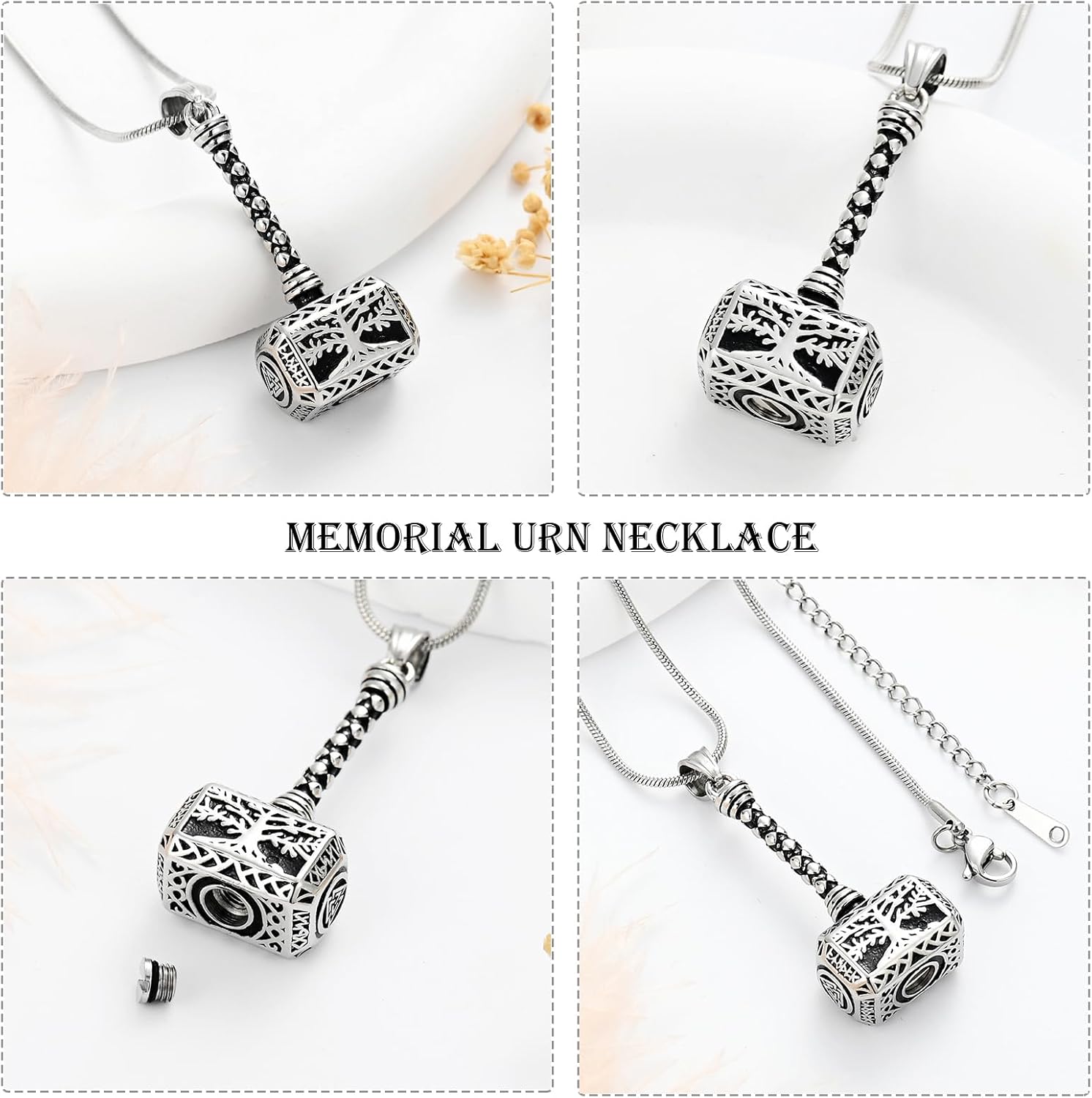 zeqingjw Mjolnir Thors Hammer Cremation Jewelry for Ashes Tree of Life Urn Necklaces for Ashes Holder Keepsake Memorial Ashes Pendant for Men Women - Image 3