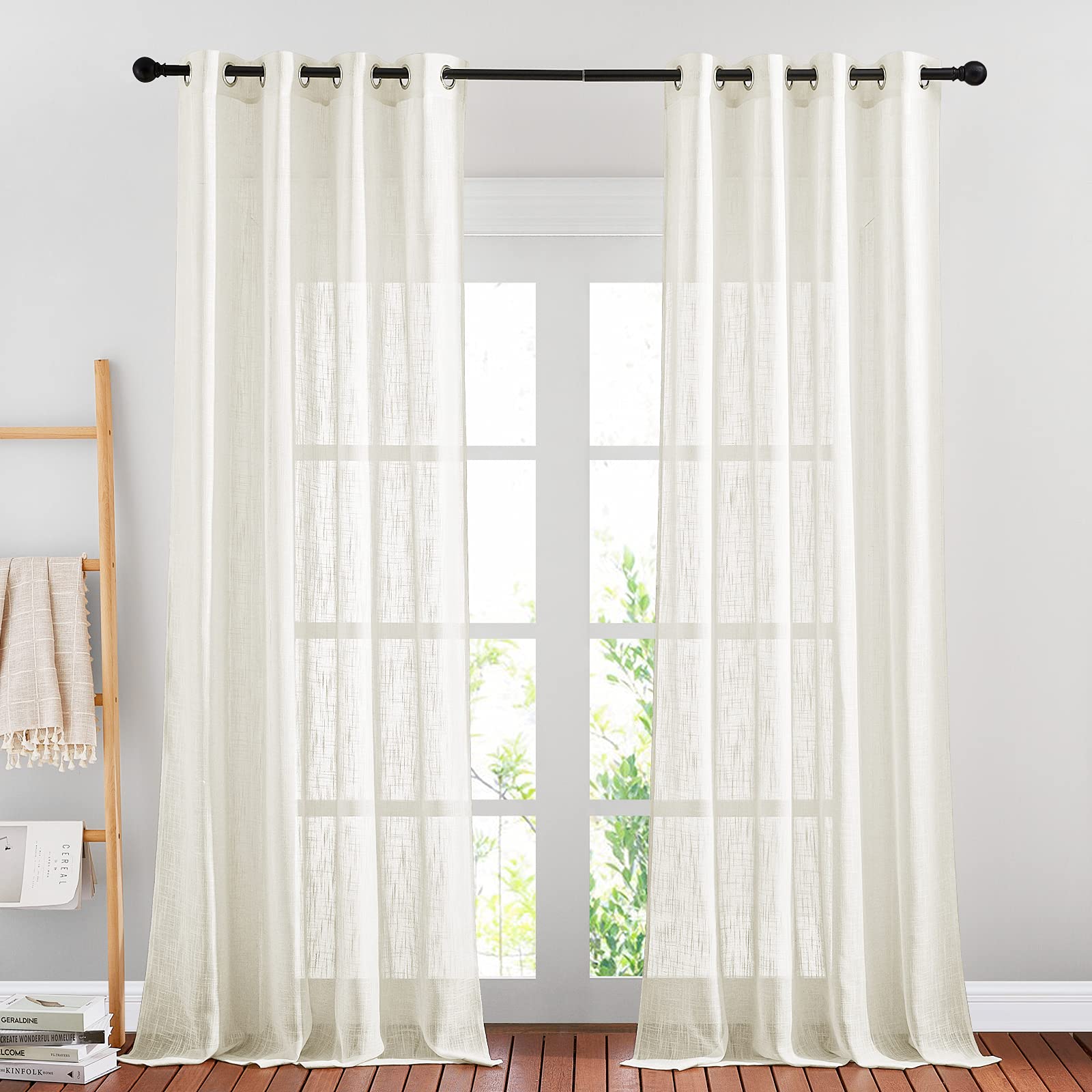 NICETOWN Semi Sheer Curtains with Natural Linen Blend, Grommet Sheer Panels Sweep to Floor Decorative Window Dressings Privacy for Bedroom/Living Room, Light Beige, W52 x L90, 2 PCs