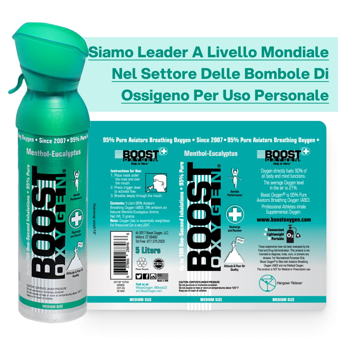 Boost Oxygen Eucalipto 5L (3 Pack) | Bomboletta di Ossigeno Puro al 95% Portatile per Recupero, Concentrazione e Energia