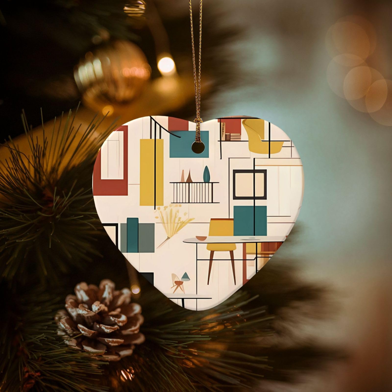 Christmas Ornaments for Christmas Tree Decoration Hanging Mid Century Modern Ornament with Gold Ribbon Crafts Heart Shape Ceramic Pendant for Keepsake Gifts Xmas Decor Party Supplies