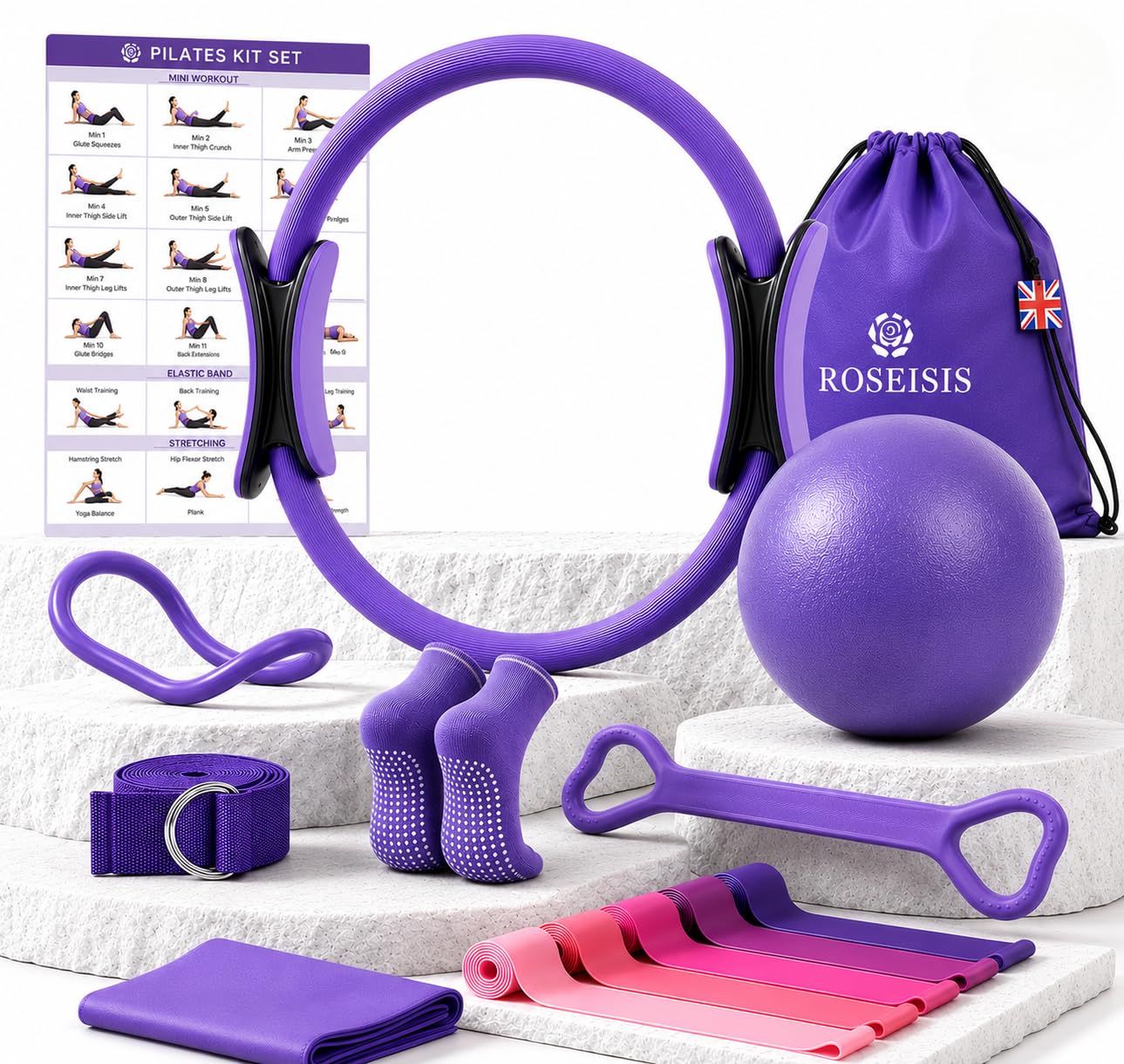 ROSEISIS Pilates Kit 14-Piece Pilates Ring Set for Women & Beginners, with Non-Slip Socks, Mini Ball & Resistance Bands, Pilates Equipment for Home Workout, Strength, Flexibility, Toning Set (Purple)