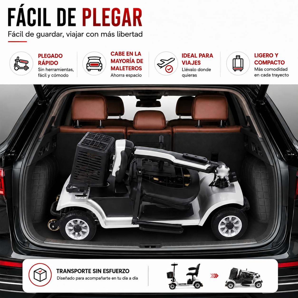 Scooter de Movilidad Plegable 4 Ruedas 35 km Plata | Autonomía de hasta 35 km, capacidad máxima de 190 kg y asiento giratorio cómodo.