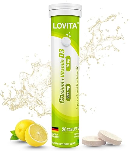 LOVITA Calcio + VIT D3 Tabletas efervescentes 20 unidades, 600 mg de calcio con 400 UI D3, apoya la salud ósea y muscular, sabor a limón, vegano,
