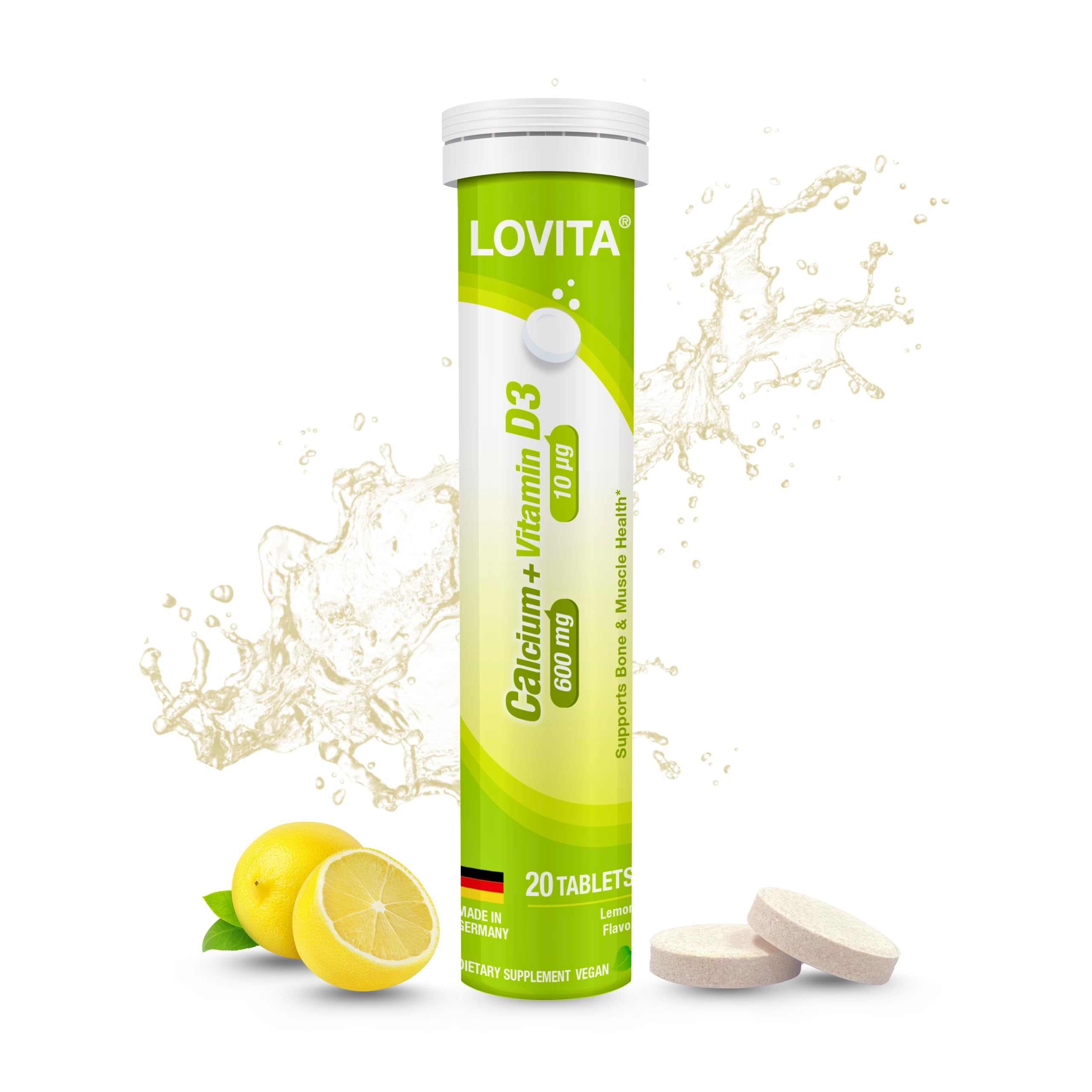 LOVITA Suplemento de Cálcio com Vitamina D3 600 mg e 400 IU, 20 comprimidos efervescentes