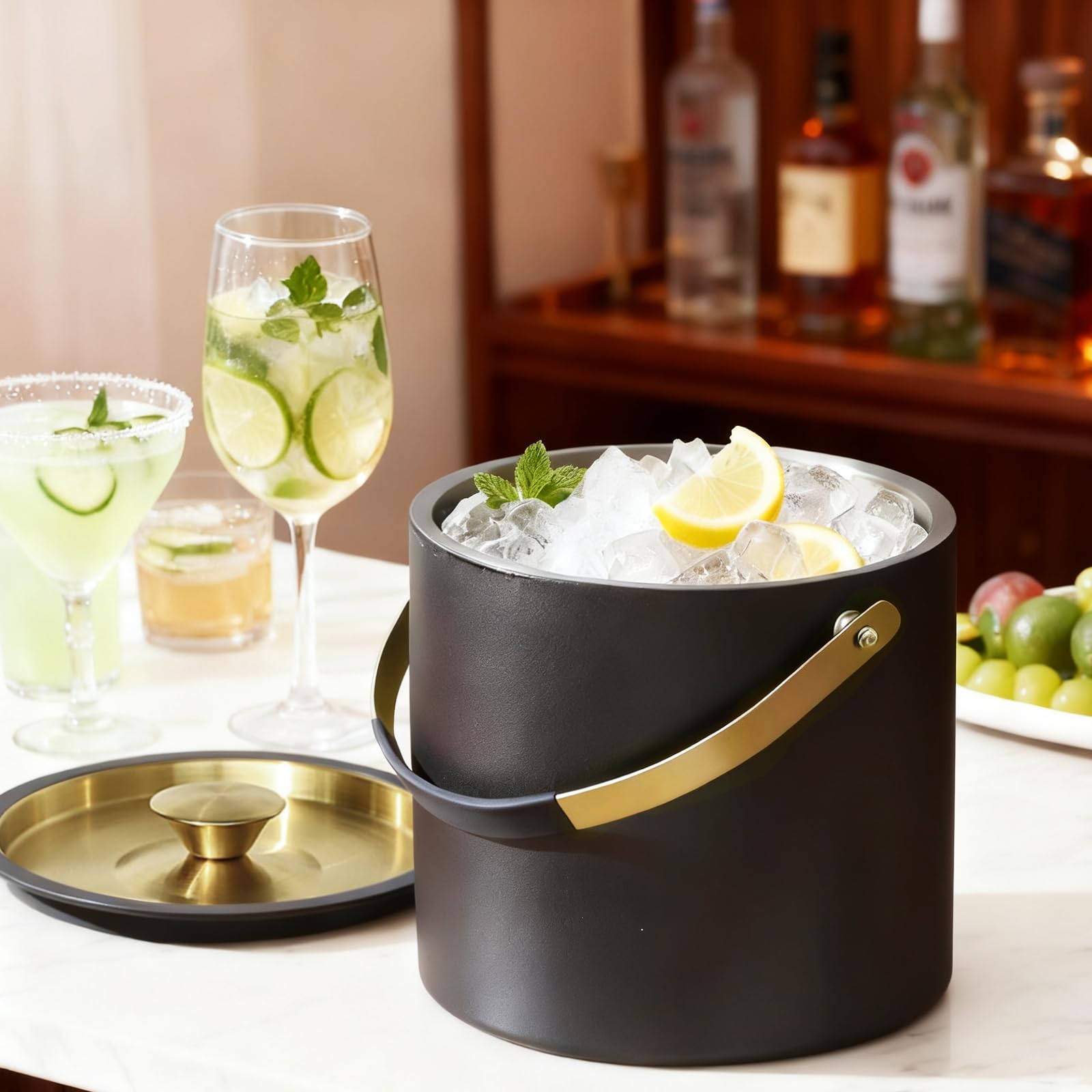 3.2L Seau à Glace Isotherme Moderne avec Couvercle en Silicone, Pelle, Passoire, Seau à Glace en Acier Inoxydable à Double Paroi pour Fêtes et Bar à Cocktails, Idéal pour Cadeau(Noir)