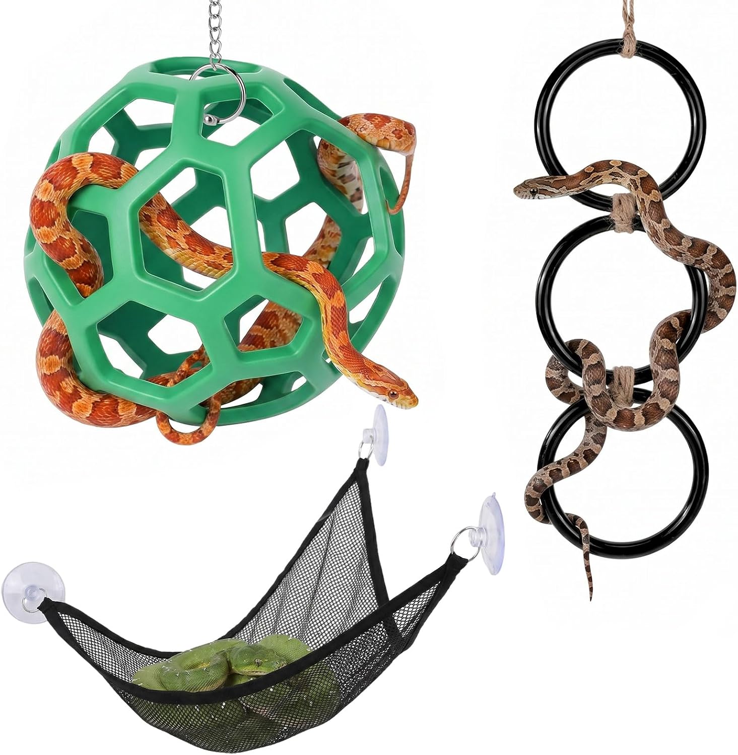 3 Pcs Snake Enrichment Toys Tank Accessories, Terrarium Habitat Decor | Include Jungle Gym Ball with Chain, Hammock Climbing Rings Reptile Cage for Ball Python Chameleon Corn Snake Lizard Parrot