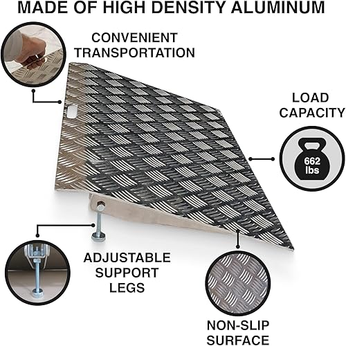 Miniatura 2 de WORHAN Rampa de umbral para silla de ruedas, plataforma de carga de aluminio rígido, altura variable, superficie antideslizante, 662 libras, puente