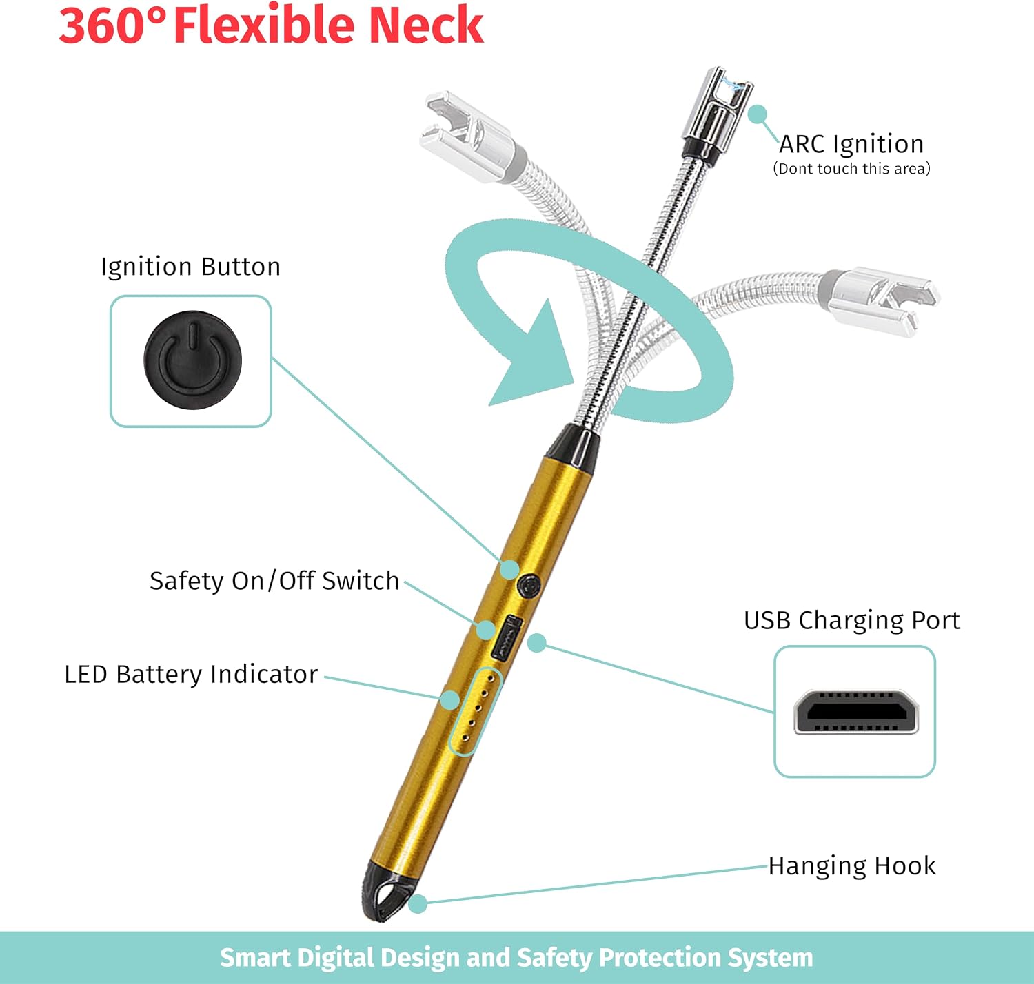 Custom Extra Long Electric Lighter, USB Rechargeable Candle Lighter, Reusable Electric Lighter with Charger for Indoor and Outdoor, Camping Essential for Men and Women, Engravable Designs (Gold)