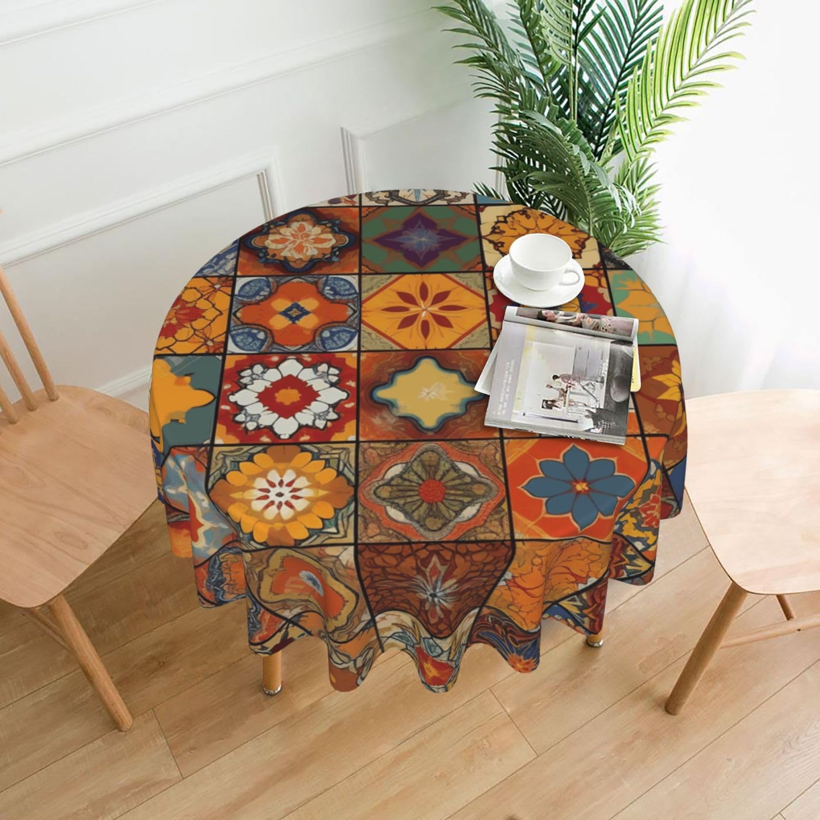 FodPand Group of Moroccan Geometric Tablecloths for Round Tables 60 Inch - Reusable Washable Dining Table Clothes - Stain and Wrinkle Resistant Decorative Fabric Table Cover for Wedding Party