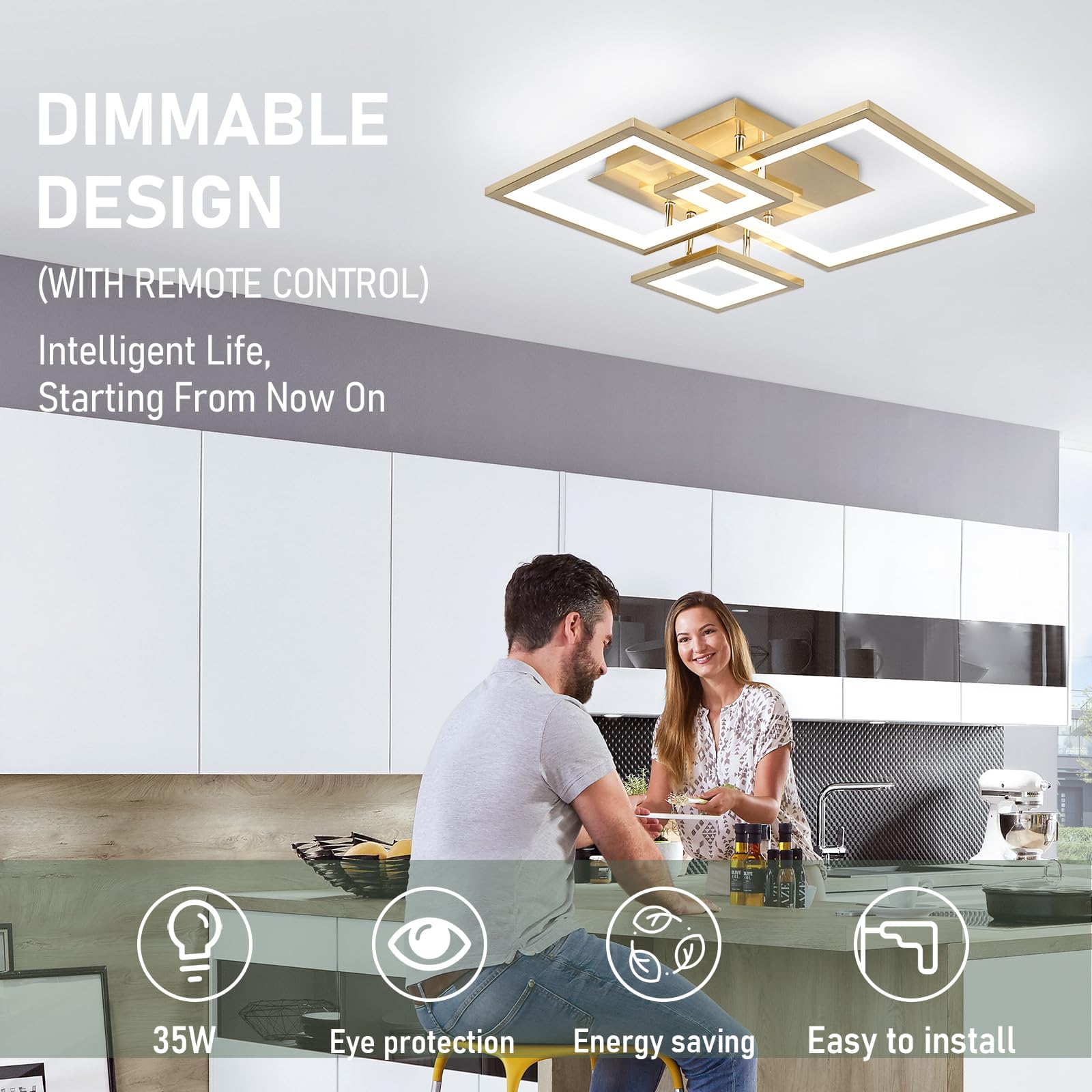 EIDISUNY Modern Led Ceiling Light 3-Square Design 3000K-6500K LED Dimmable Ceiling Lights with Remote Control Gold Ceiling Lighting Fixture for Bedroom Kitchen Dining Room Office Living Room - Image 4