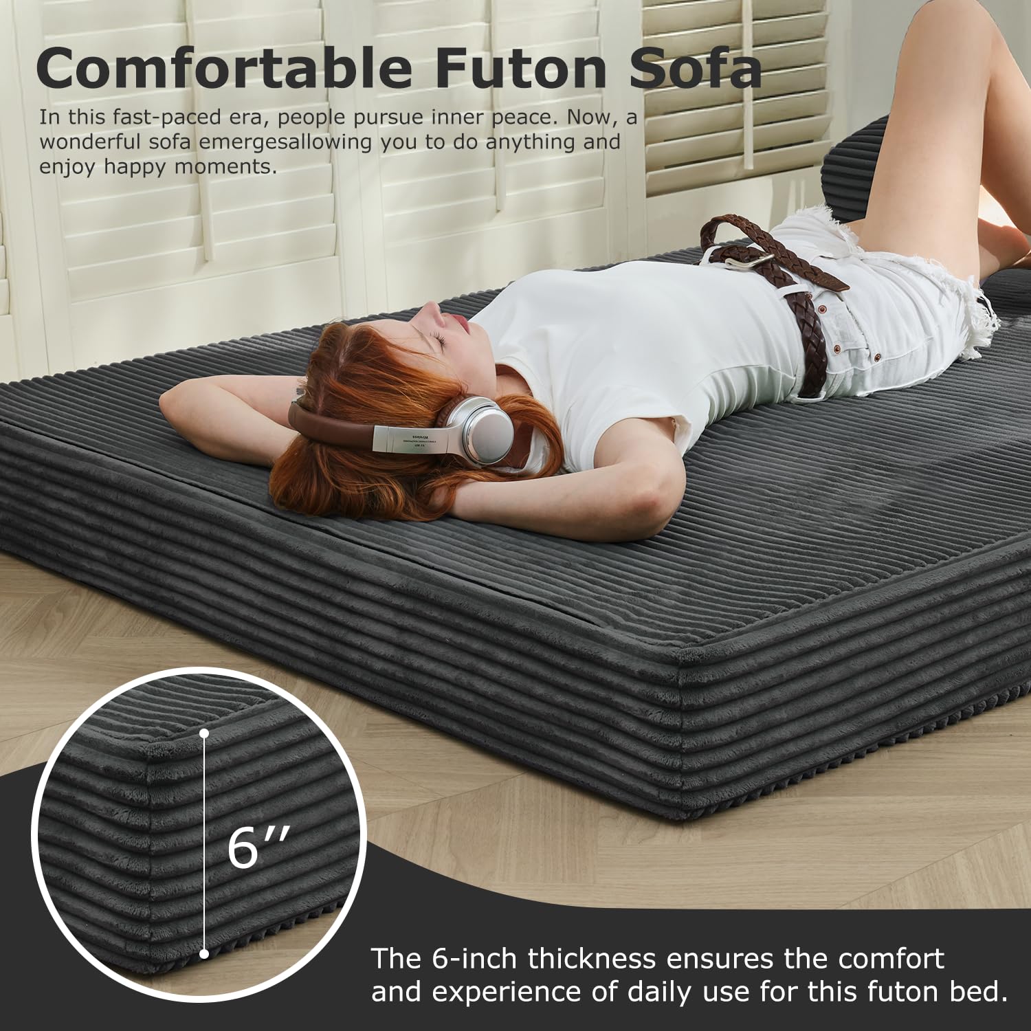 Folding Futon Sofa Bed Full Size, 6 inch Convertible Floor Couch Bed with Removable Corduroy Cover, Pull Out Couch for Small Spaces High-Density Foam,Grey