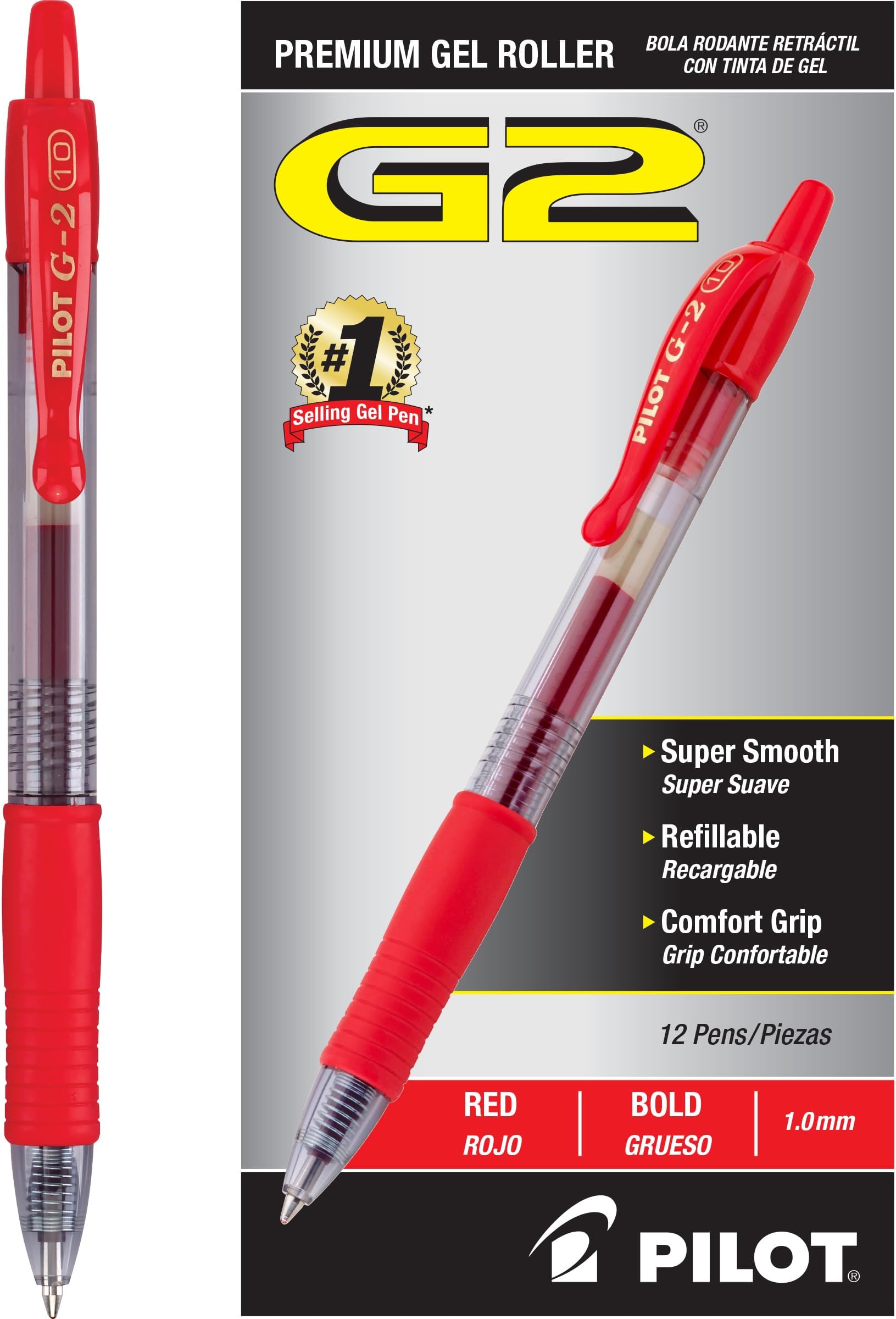 G2 Premium Refillable & Retractable Rolling Ball Gel Pens, Bold Point, Red Ink, 12-Pack (31258)