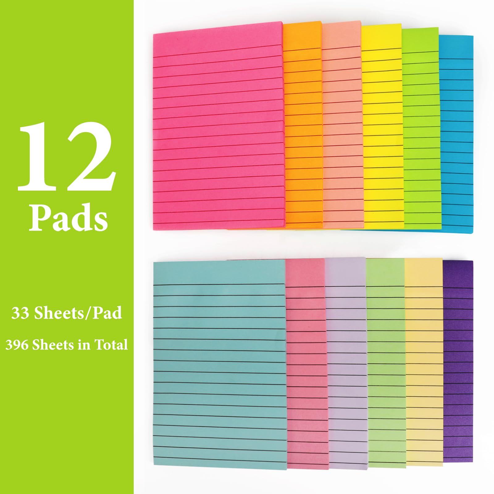 12 blocs de notas adhesivas forradas de 4 x 6 pulgadas, con líneas, autoadhesivas, 12 colores brillantes, 33 hojas/bloc