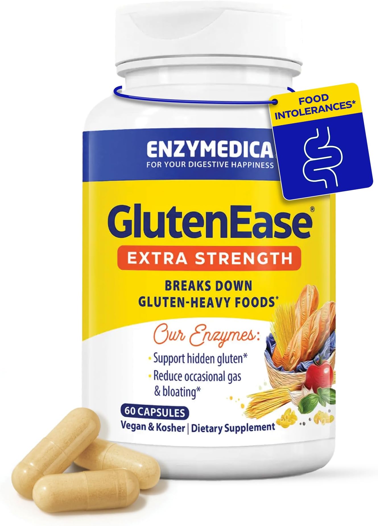 Enzymedica GlutenEase Extra Strength, Advanced Gluten Digestive Enzymes for Women and Men, Fast-Acting Formula for Bloating Relief & Digestive Health, 60 Capsules
