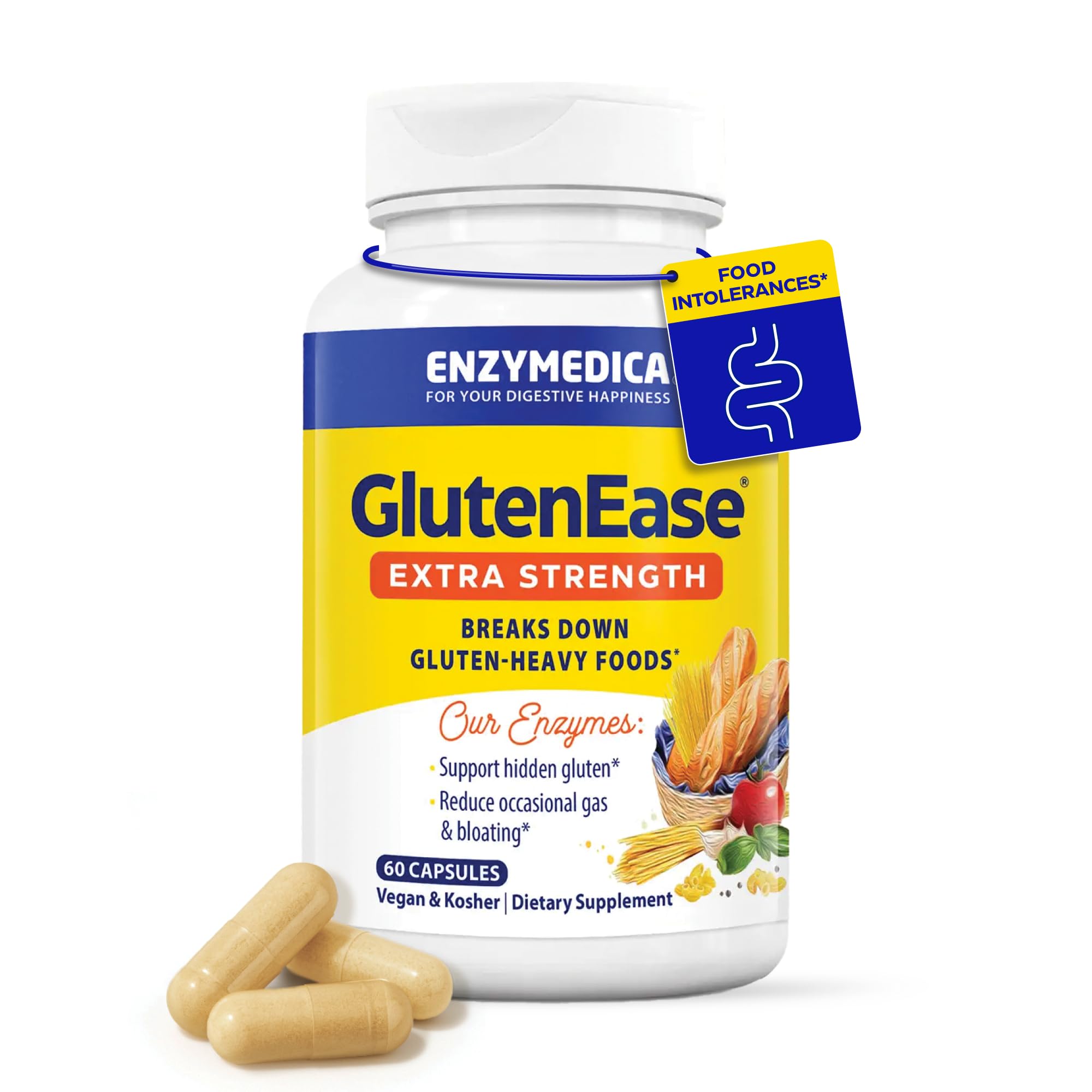 Enzymedica GlutenEase Extra Strength, Advanced Gluten Digestive Enzymes for Women and Men, Fast-Acting Formula for Bloating Relief & Digestive Health, 60 Capsules