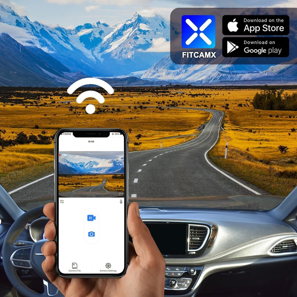 Fitcamx Front 4K+Rear 1080P Dash Cam Adapts for Chrysler Pacifica 2018-2026 & Plug-in Hybrid, OEM Look, Dual HD Video, Loop Recording, WiFi & APP, G-Sensor, Night Vision, Easy to Use, 128GB Card