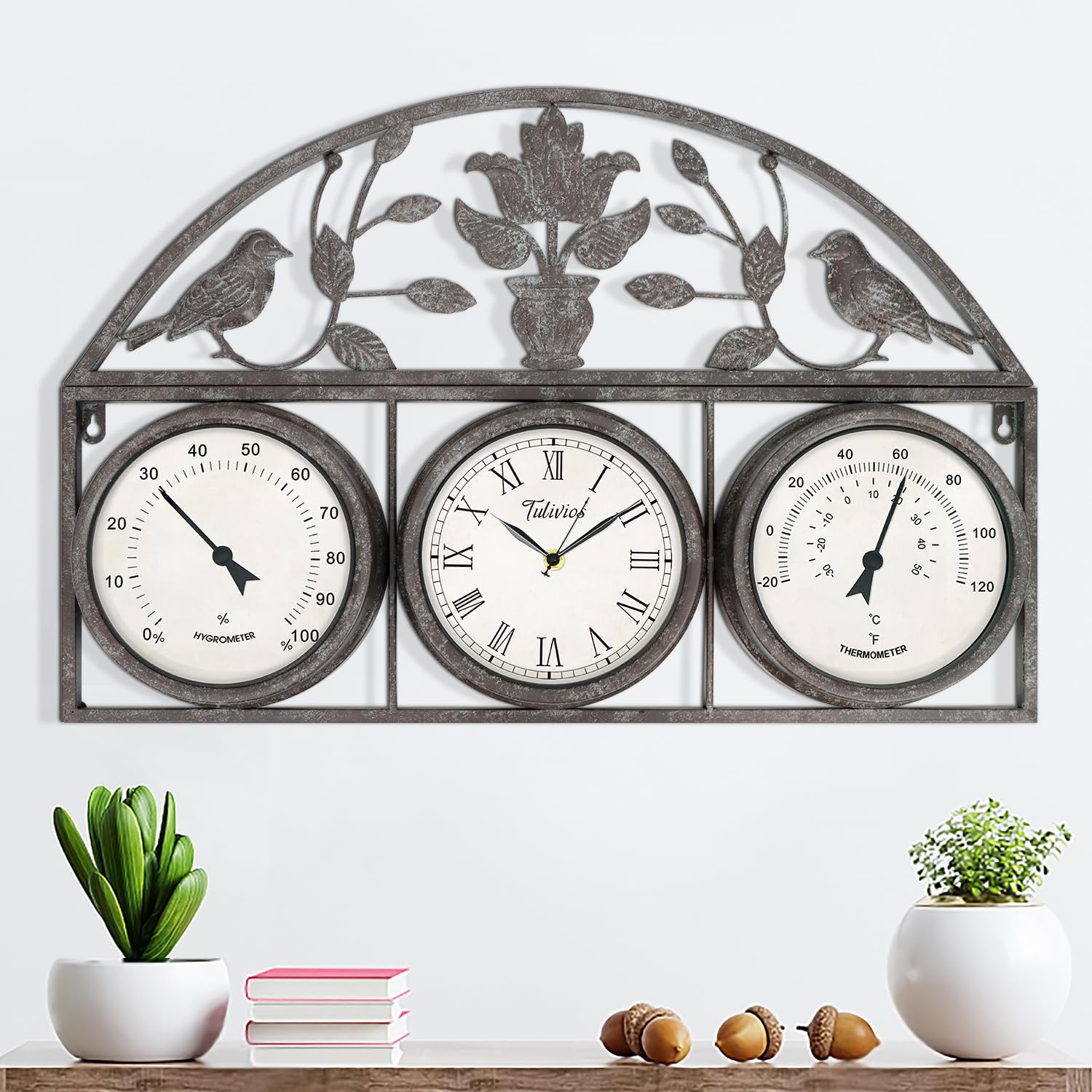 Tulivios 26Inch Large Outdoor Clock,Waterproof Wall Clock with Thermometer and Hygrometer Combo,Weatherproof Non-Ticking Battery Operated Decor Clock