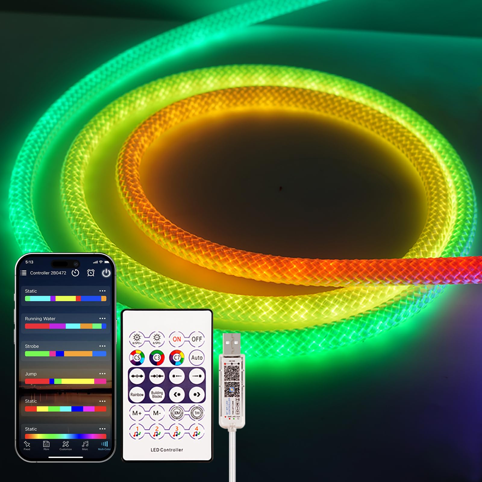 1M LED Neon Rope Light with Remote and APP Control, 360° RGB IP65 Schlauch Diffus Lichtband, 50LEDs/M Traum Farben Lauflicht Effekt für Heimdekoration Beleuchtung